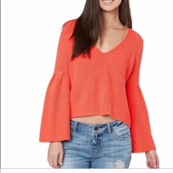 Free People Sweater V-Neck Bell Sleeve Coral Orang - Picture 2 of 12